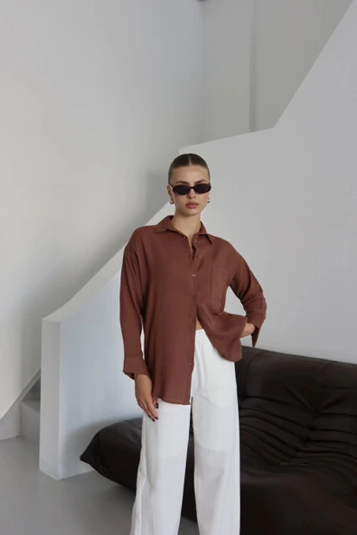 Tek cepli müslin gömlek kahve pt - Resim 4