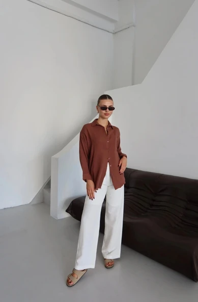 Tek cepli müslin gömlek kahve pt - Resim 3