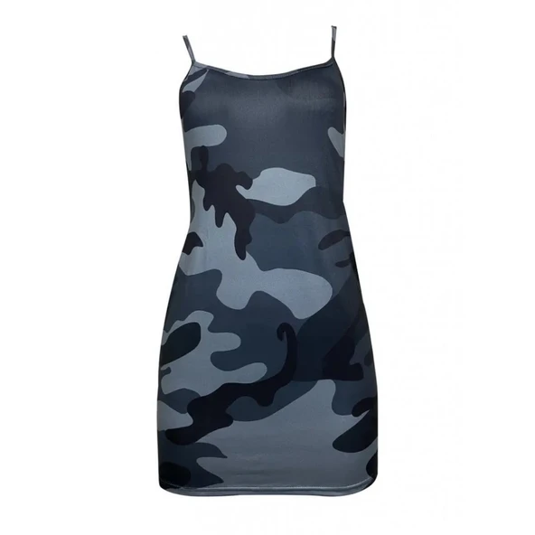 Lucky Life Kadın Ip Askılı Kamuflaj Baskılı Viskon Elbise - Resim 3