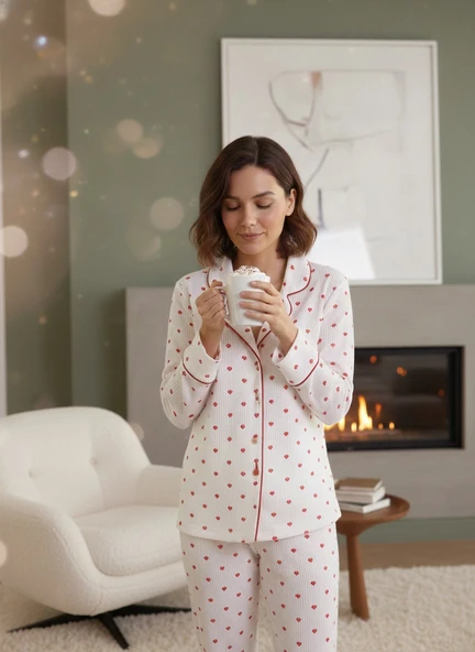 Kadın Beyaz Kırmızı Kalp Desenli %100 Pamuk Fitilli Kumaş Mevsimlik Uzun Kol Cepli Pijama Takımı - Resim 8