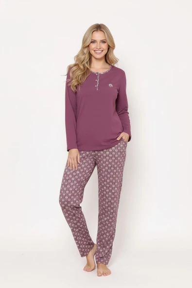 Kadın Etnik Desen 3 Düğme Pamuk Likra Mevsimlik Uzun Kol Pijama Takımı - Resim 11