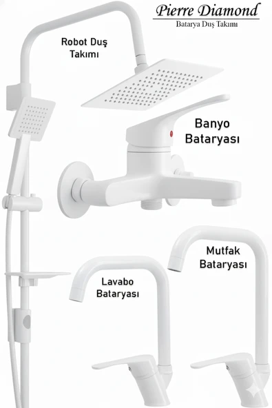 Mutfak Lavabo Banyo Bataryası ve Robot Duş Takımı  Beyaz Renk Köşe Model Musluk Armatür ürün görseli 1