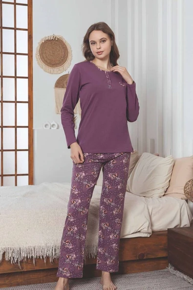 Kadın Çiçek Desen 3 Düğme Pamuk Likra Mevsimlik Uzun Kol Pijama Takımı - Resim 6