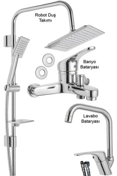 Lavabo Banyo Bataryası ve Robot Duş Seti Krom Renk Köşe Model ürün görseli 1