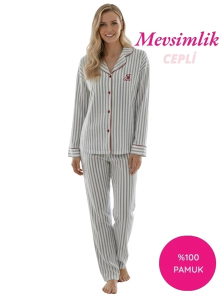 Kadın Beyaz Çizgili %100 Pamuk Kumaş Mevsimlik Uzun Kol Cepli Pijama Takımı - Resim 2