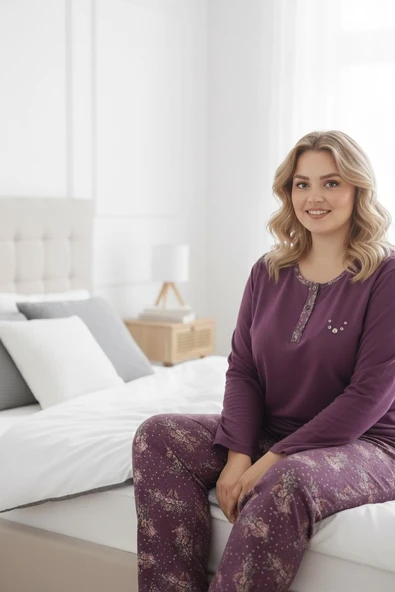 Kadın Çiçek Desen 3 Düğme Pamuk Likra Mevsimlik Uzun Kol Pijama Takımı - Resim 10