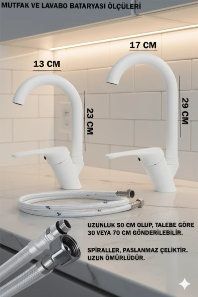 Mutfak Lavabo Banyo Bataryası ve Robot Duş Takımı  Beyaz Renk Baston Model Musluk Armatür - Resim 2