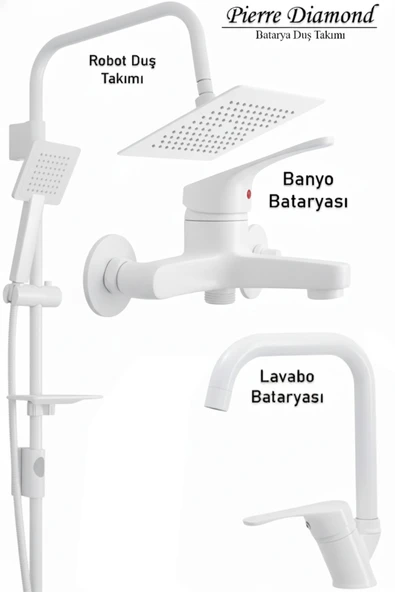 Lavabo Banyo Bataryası ve Robot Duş Takımı  Beyaz Renk Köşe Model Musluk Armatür ürün görseli 1