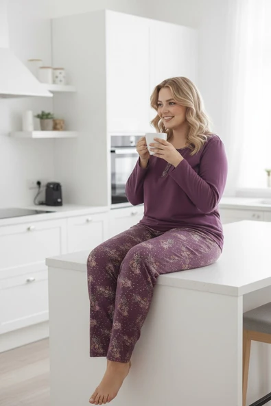 Kadın Çiçek Desen 3 Düğme Pamuk Likra Mevsimlik Uzun Kol Pijama Takımı - Resim 2