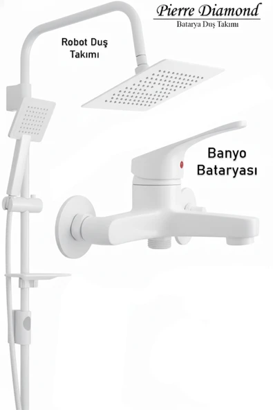 Banyo Bataryası ve Robot Duş Takımı  Beyaz Renk Baston Model Musluk Armatür ürün görseli 1