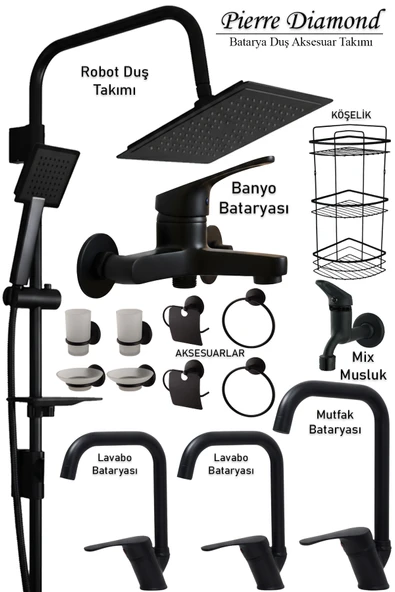 Mutfak Lavabo Banyo Bataryaları Robot Duş Seti Aksesuarlar Siyah Renk Musluk Armatür Köşe Model ürün görseli 1