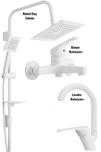 Lavabo Banyo Bataryası ve Robot Duş Takımı  Beyaz Renk Baston Model Musluk Armatür ürün görseli 1