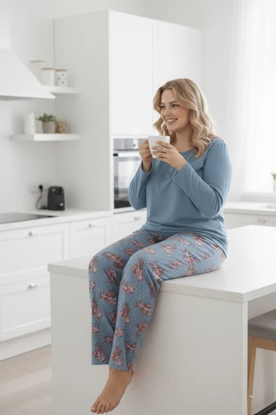 Kadın Çiçek Desen 3 Düğme Pamuk Likra Mevsimlik Uzun Kol Pijama Takımı - Resim 11