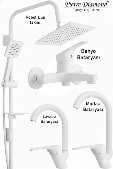 Mutfak Lavabo Banyo Bataryası ve Robot Duş Takımı  Beyaz Renk Baston Model Musluk Armatür ürün görseli 1