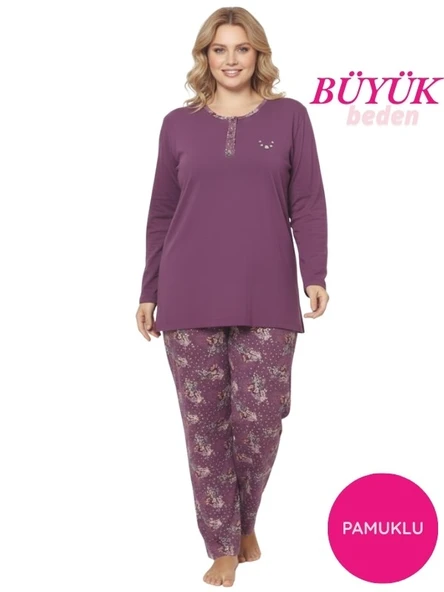 Kadın Çiçek Desen 3 Düğme Pamuk Likra Mevsimlik Uzun Kol Pijama Takımı - Resim 8