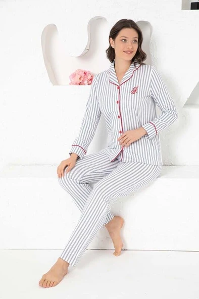 Kadın Beyaz Çizgili %100 Pamuk Kumaş Mevsimlik Uzun Kol Cepli Pijama Takımı ürün görseli 1