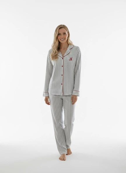 Kadın Beyaz Çizgili %100 Pamuk Kumaş Mevsimlik Uzun Kol Cepli Pijama Takımı - Resim 12