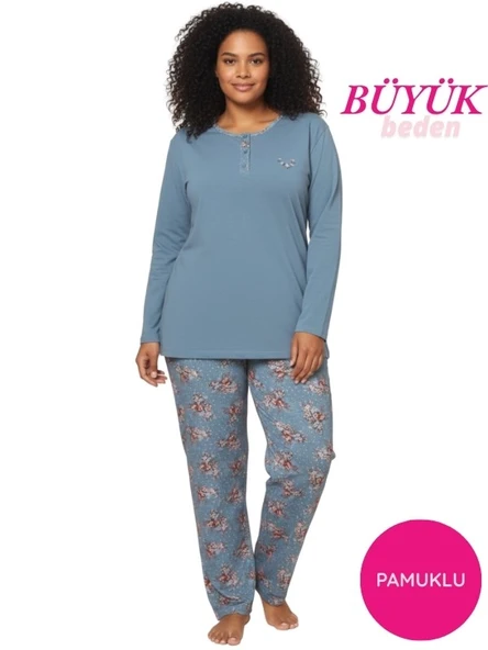 Kadın Çiçek Desen 3 Düğme Pamuk Likra Mevsimlik Uzun Kol Pijama Takımı - Resim 7