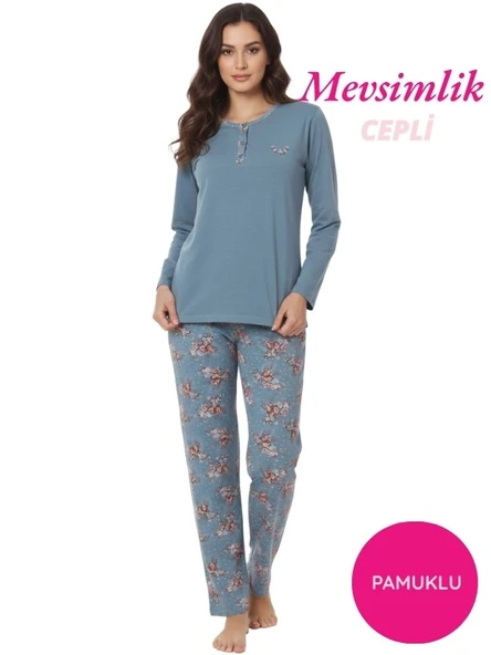 Kadın Çiçek Desen 3 Düğme Pamuk Likra Mevsimlik Uzun Kol Pijama Takımı - Resim 4