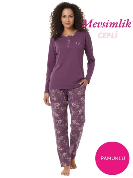 Kadın Çiçek Desen 3 Düğme Pamuk Likra Mevsimlik Uzun Kol Pijama Takımı ürün görseli 1