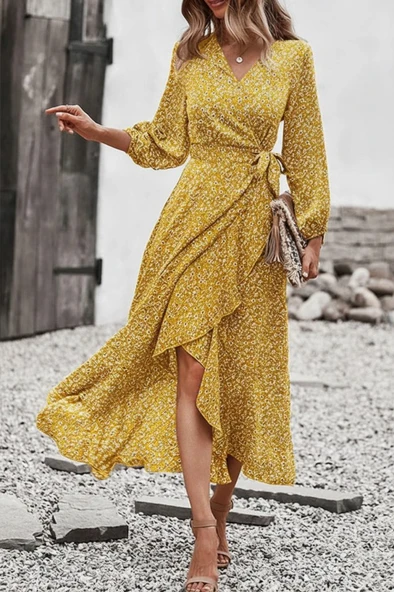 Lucky Life Kadın Uzun Kollu Kruvaze Yaka Yandan Bağlamalı önden Fırfır Detaylı Süprem Uzun Elbise - Resim 7