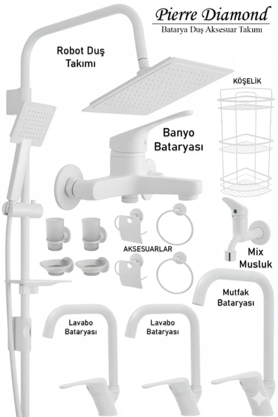 Mutfak Lavabo Banyo Bataryaları Robot Duş Seti Aksesuarlar Beyaz Renk Musluk Armatür Köşe Model ürün görseli 1