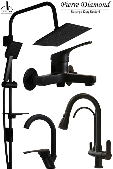 Mutfak Lavabo Banyo Bataryası ve Robot Duş Takımı Arıtmalı Spiralli Pul Out Eviye Musluğu Musluk Armatür Siyah Renk ürün görseli 1