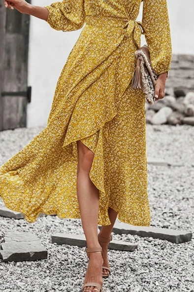 Lucky Life Kadın Uzun Kollu Kruvaze Yaka Yandan Bağlamalı önden Fırfır Detaylı Süprem Uzun Elbise - Resim 3