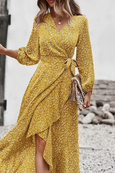 Lucky Life Kadın Uzun Kollu Kruvaze Yaka Yandan Bağlamalı önden Fırfır Detaylı Süprem Uzun Elbise - Resim 6