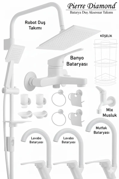 Mutfak Lavabo Banyo Bataryaları Robot Duş Seti Aksesuarlar Beyaz Renk Musluk Armatür Baston Model ürün görseli 1