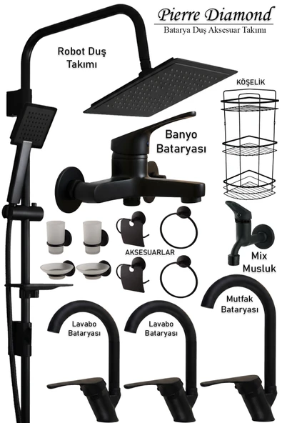 Mutfak Lavabo Banyo Bataryaları Robot Duş Seti Aksesuarlar Siyah Renk Musluk Armatür Baston Model ürün görseli 1