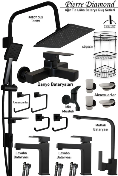 Siyah Renk Banyo Lavabo Mutfak Bataryası Robot Duş Takımı Ağır Tip Kare Model Lüks Musluk Armatür Seti ürün görseli 1