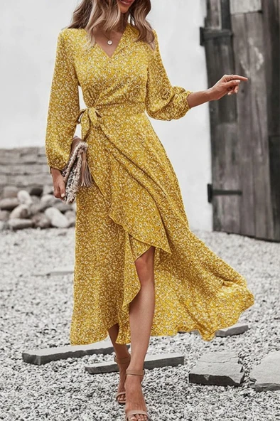 Lucky Life Kadın Uzun Kollu Kruvaze Yaka Yandan Bağlamalı önden Fırfır Detaylı Süprem Uzun Elbise - Resim 8