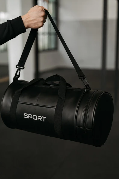 Suni Deri Unisex Askılı Silindir Spor Çantası Fitness Çantası - Resim 2