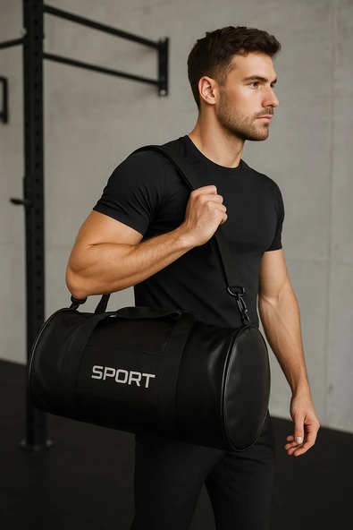 Suni Deri Unisex Askılı Silindir Spor Çantası Fitness Çantası - Resim 3