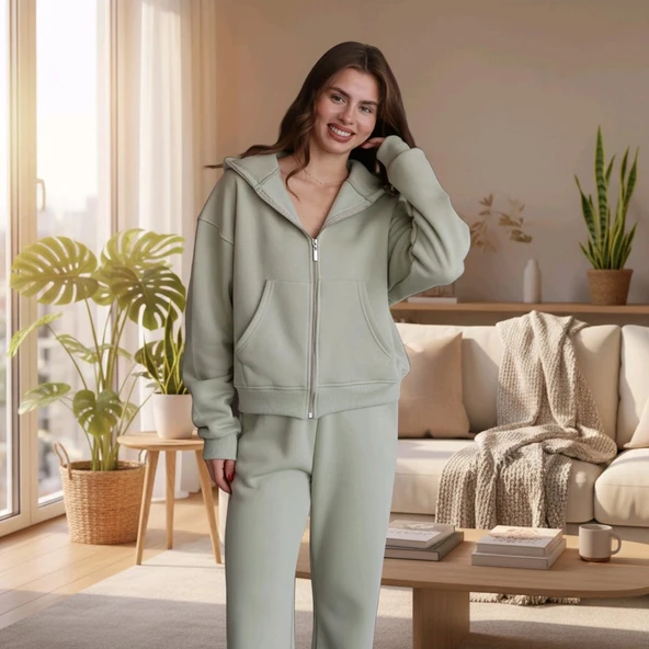 BİÇOMİ 3 iplik şardonlu kapşonlu hoodie frm mint p510437 - Resim 2