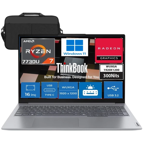 Thinkbook 16 Amd Ryzen 7 7730U 12GB 1tb SSD Amd Radeon Graphics (1920X1200) 16" Wuxga 300NITS IPS Windows 11 Pro Taşınabilir Bilgisayar & Çanta ürün görseli 1