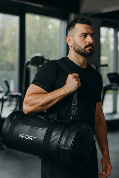 Suni Deri Unisex Askılı Silindir Spor Çantası Fitness Çantası ürün görseli 1