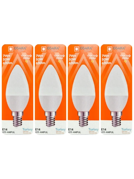 (4 Adet) Osaka 7W (50W) Sarı Işık (3000K) E14 Duylu (İnce Duy) Led Mum Ampul ürün görseli 1