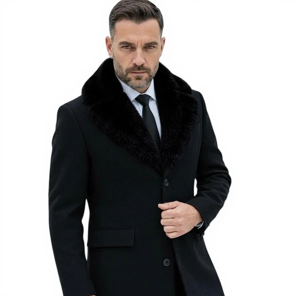 Plus Scorpion Erkek Uzun Kaşe Kaban – Çıkartılabilir Kürk Yaka, Astarlı ve Cepli Slim Fit Mont (Bej, Gri, Siyah, Taba) - Resim 6