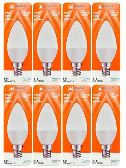 (8 Adet) Osaka 7W (50W) Sarı Işık (3000K) E14 Duylu (İnce Duy) Led Mum Ampul ürün görseli 1