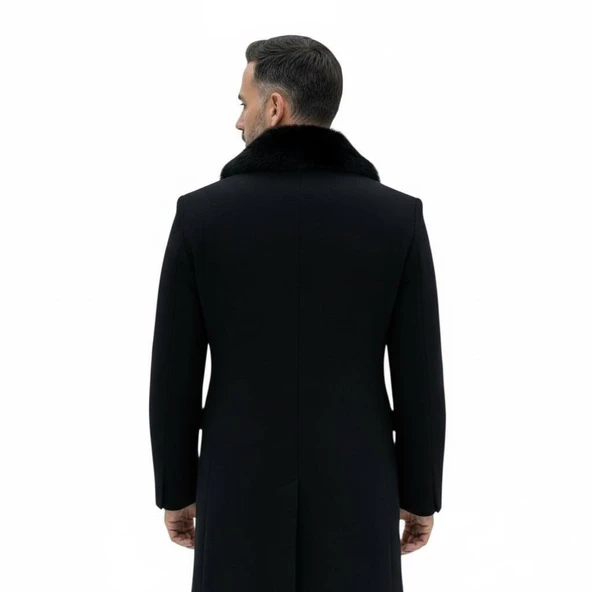 Plus Scorpion Erkek Uzun Kaşe Kaban – Çıkartılabilir Kürk Yaka, Astarlı ve Cepli Slim Fit Mont (Bej, Gri, Siyah, Taba) - Resim 4