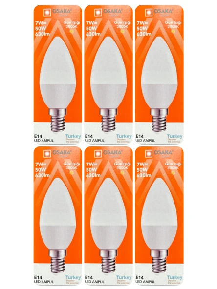(6 Adet) Osaka 7W (50W) Sarı Işık (3000K) E14 Duylu (İnce Duy) Led Mum Ampul ürün görseli 1