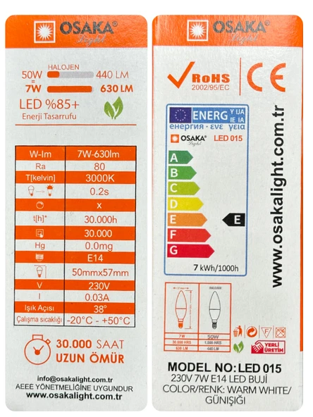 (6 Adet) Osaka 7W (50W) Sarı Işık (3000K) E14 Duylu (İnce Duy) Led Mum Ampul - Resim 3