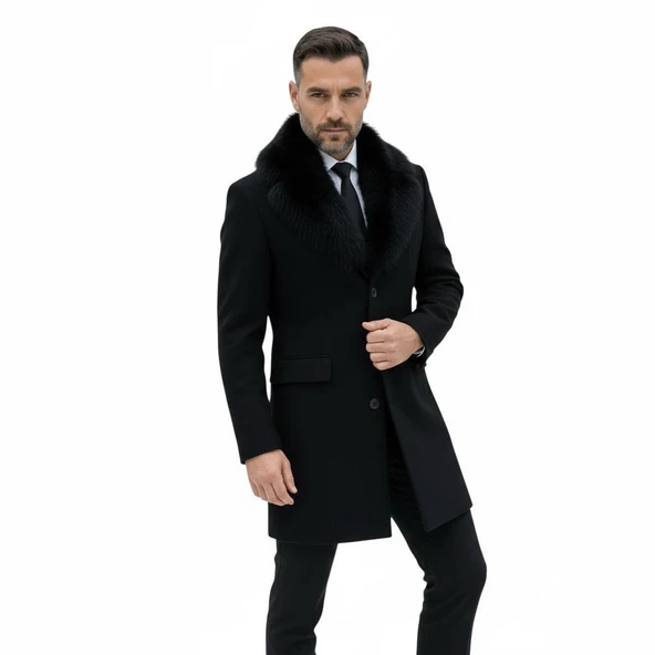 Plus Scorpion Erkek Uzun Kaşe Kaban – Çıkartılabilir Kürk Yaka, Astarlı ve Cepli Slim Fit Mont (Bej, Gri, Siyah, Taba) - Resim 7