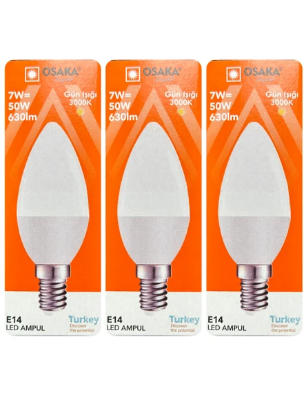 (3 Adet) Osaka 7W (50W) Sarı Işık (3000K) E14 Duylu (İnce Duy) Led Mum Ampul ürün görseli 1