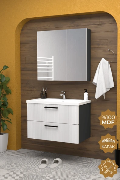 Teta Home Havana 80 cm MDF Gövde Membran Kapak Banyo Dolabı Seti  Antrasit-Beyaz ürün görseli 1