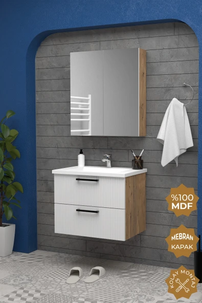 Teta Home Havana 65 cm MDF Gövde Membran Kapak Banyo Dolabı Seti  Atlantik Çam-Beyaz ürün görseli 1