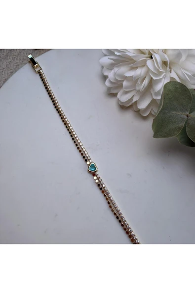 nesdesign Yeşil Kalp Ezme Zincirli İki Sıra Gold Tamtur Bileklik (17 cm) ürün görseli 1