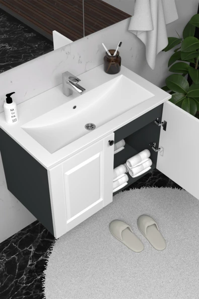 Teta Home Aldera 65 cm MDF Gövde Membran Kapak Banyo Dolabı Seti  Antrasit-Beyaz - Resim 3